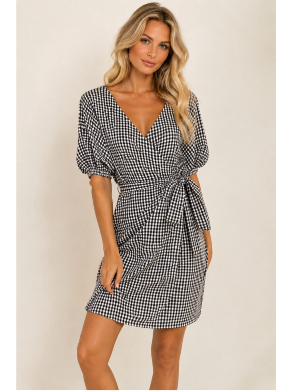 Elliott & Vine 1X Gingham Wrap Dress Cottagecore Puff Sleeves Belted Black White